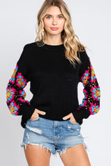 Black Crochet Sleeve Maternity Sweater