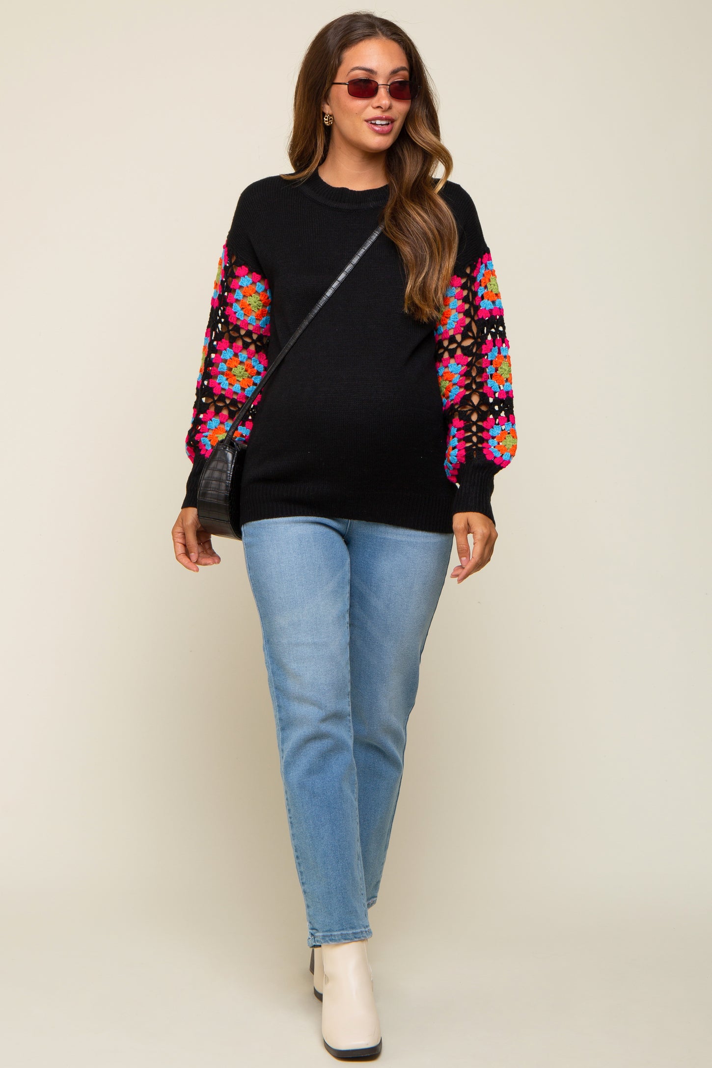 Black Crochet Sleeve Maternity Sweater