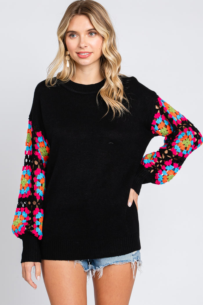 Black Crochet Sleeve Sweater