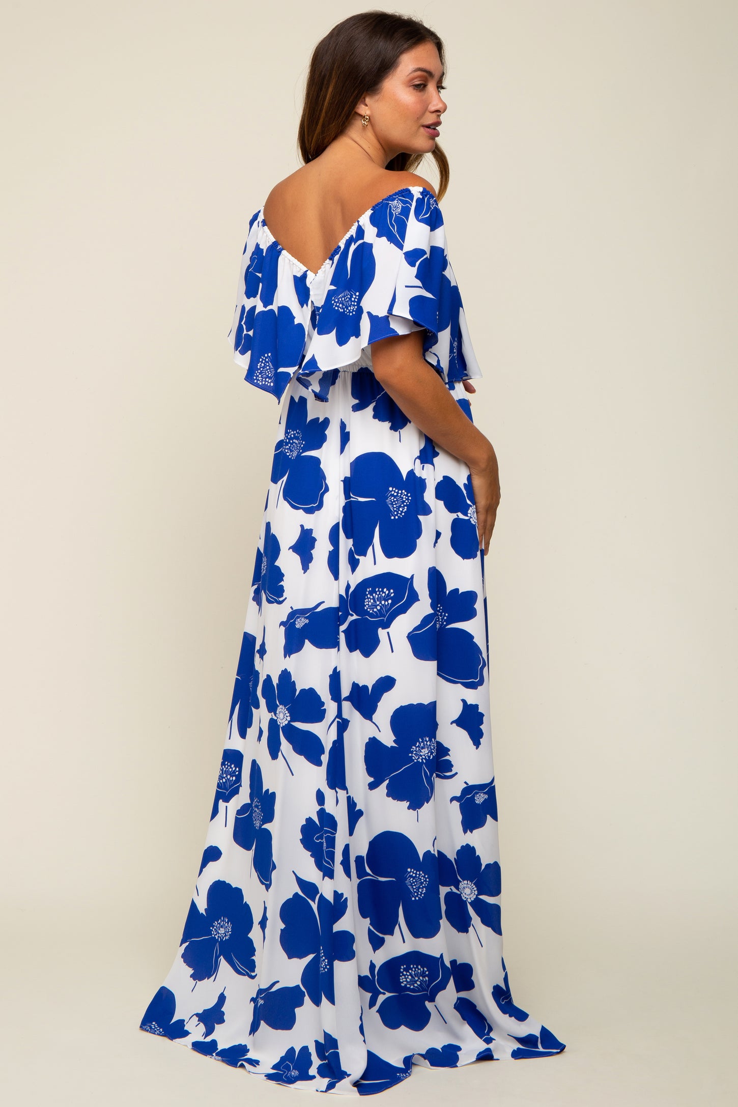 White Floral Off Shoulder Flounce Maternity Maxi Dress