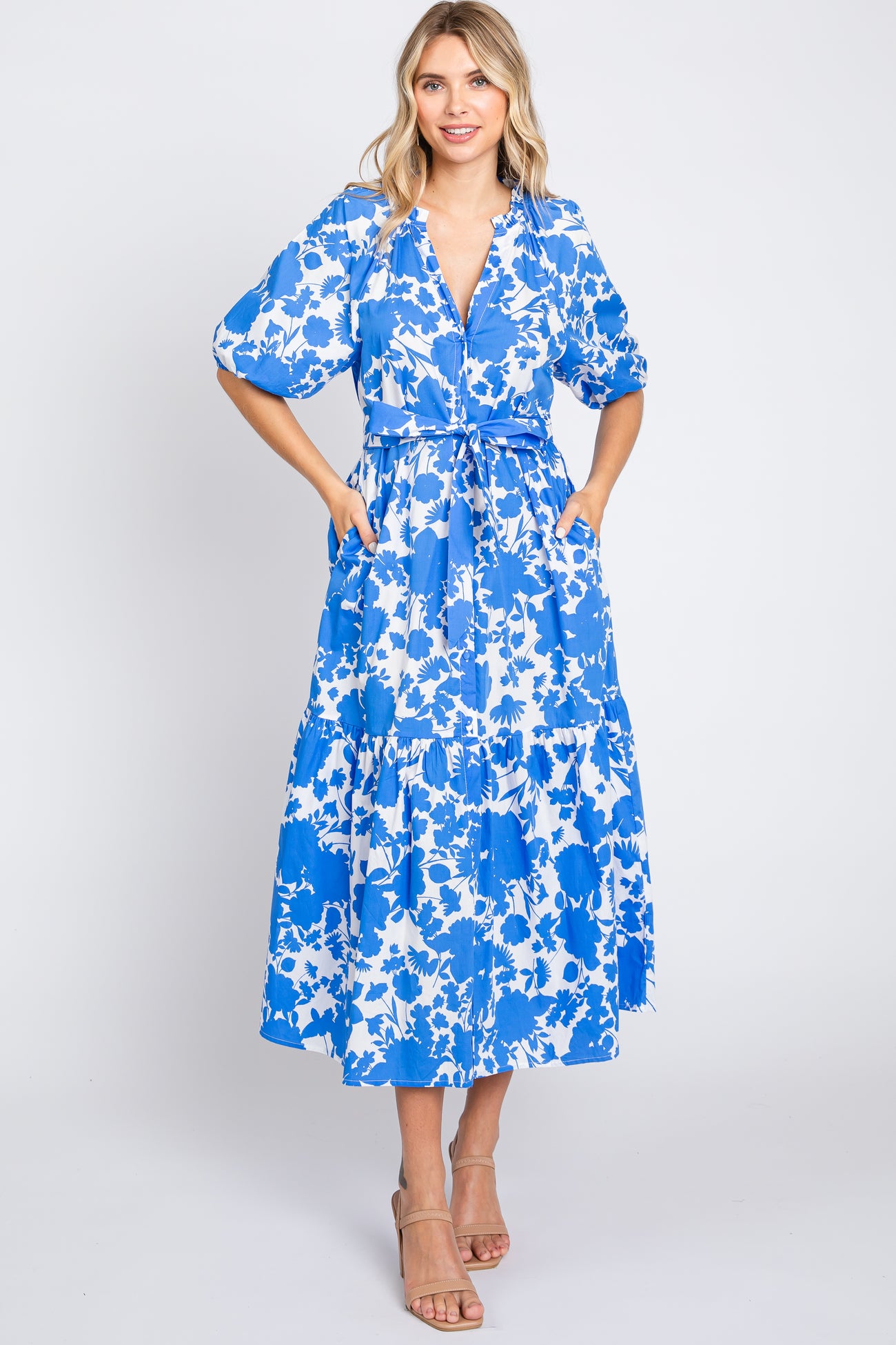 Blue Floral Button Up Puff Sleeve Midi Dress