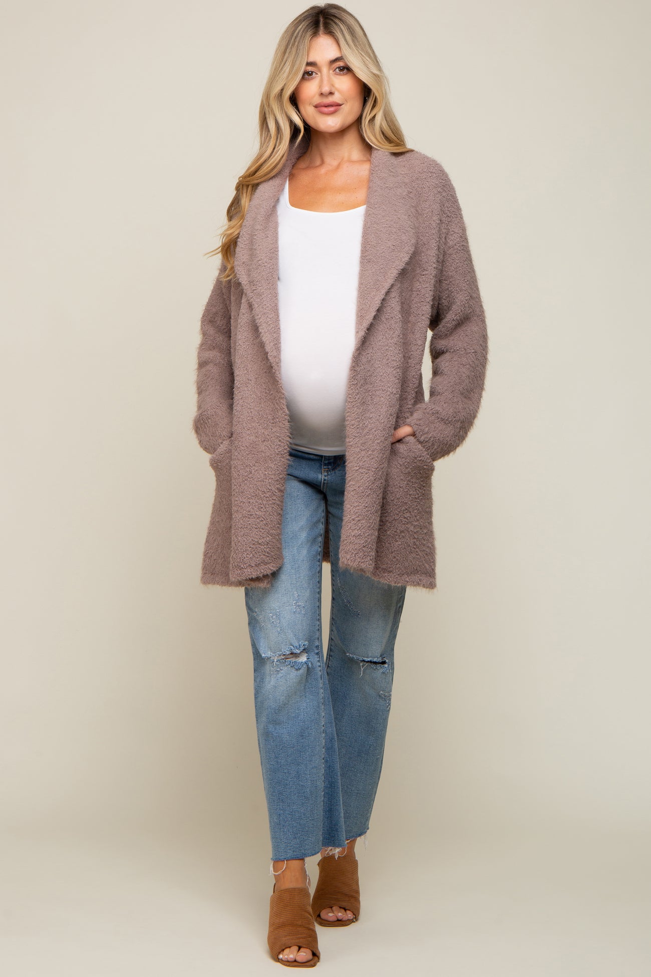 Mocha Fuzzy Knit Draped Maternity Cardigan