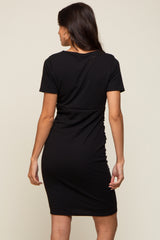 Black Rib Knit Wrap Ruched Dress