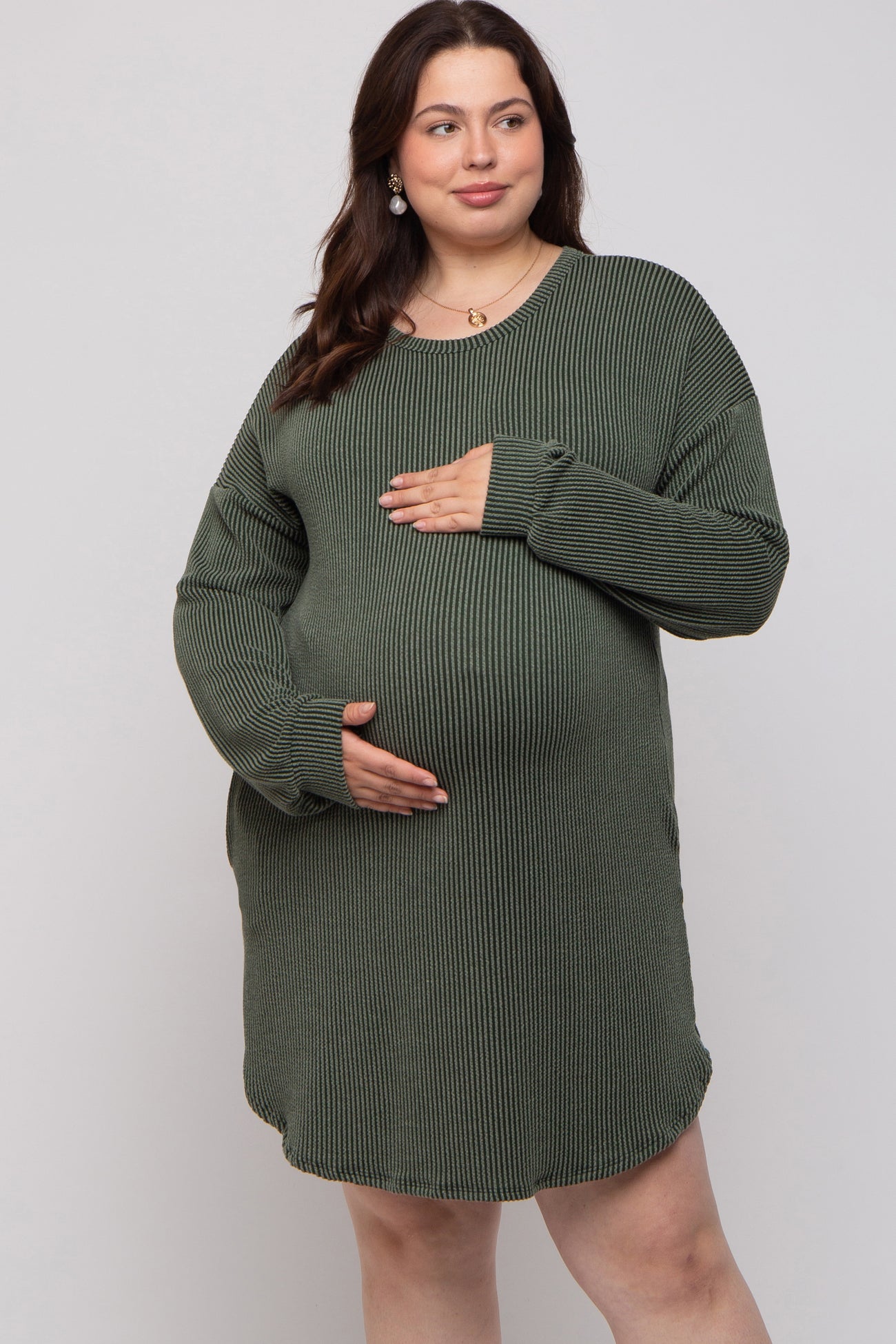 Olive Rib Knit Long Sleeve Maternity Plus Dress