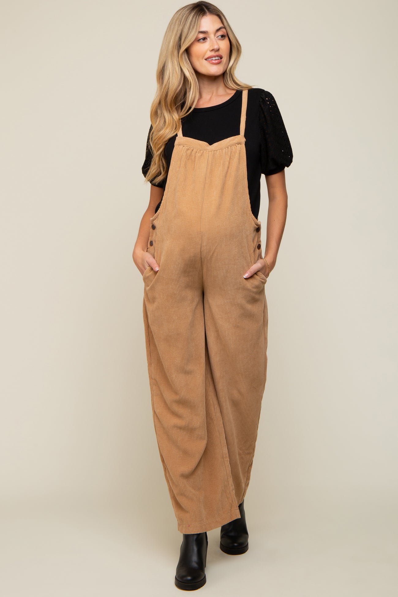 Camel Corduroy Wide Leg Maternity Overalls
