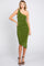 woman wearing an olive green one-shoulder midi dress with ruching and a fitted silhouette