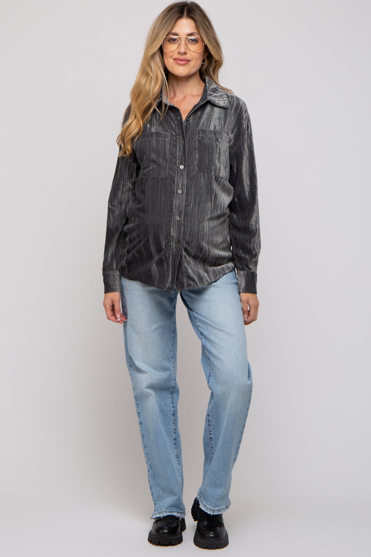 Charcoal Button Up Velvet Maternity Top