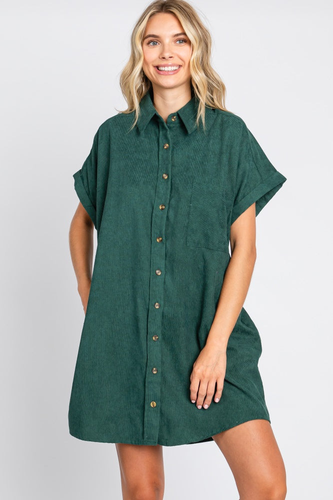 Forest Green Ribbed Button Down Mini Dress