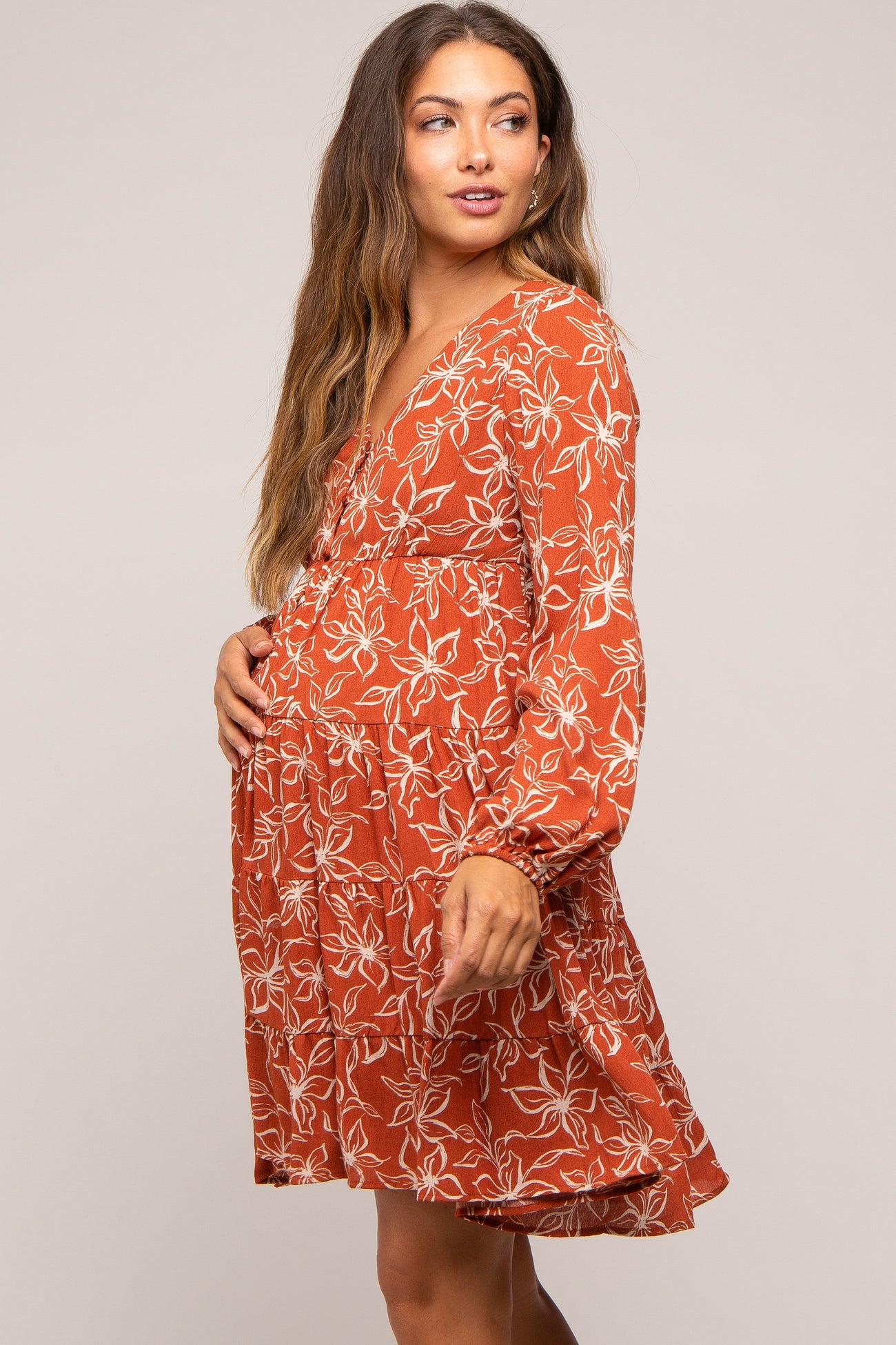 Rust Floral Button Front Tiered Maternity Dress
