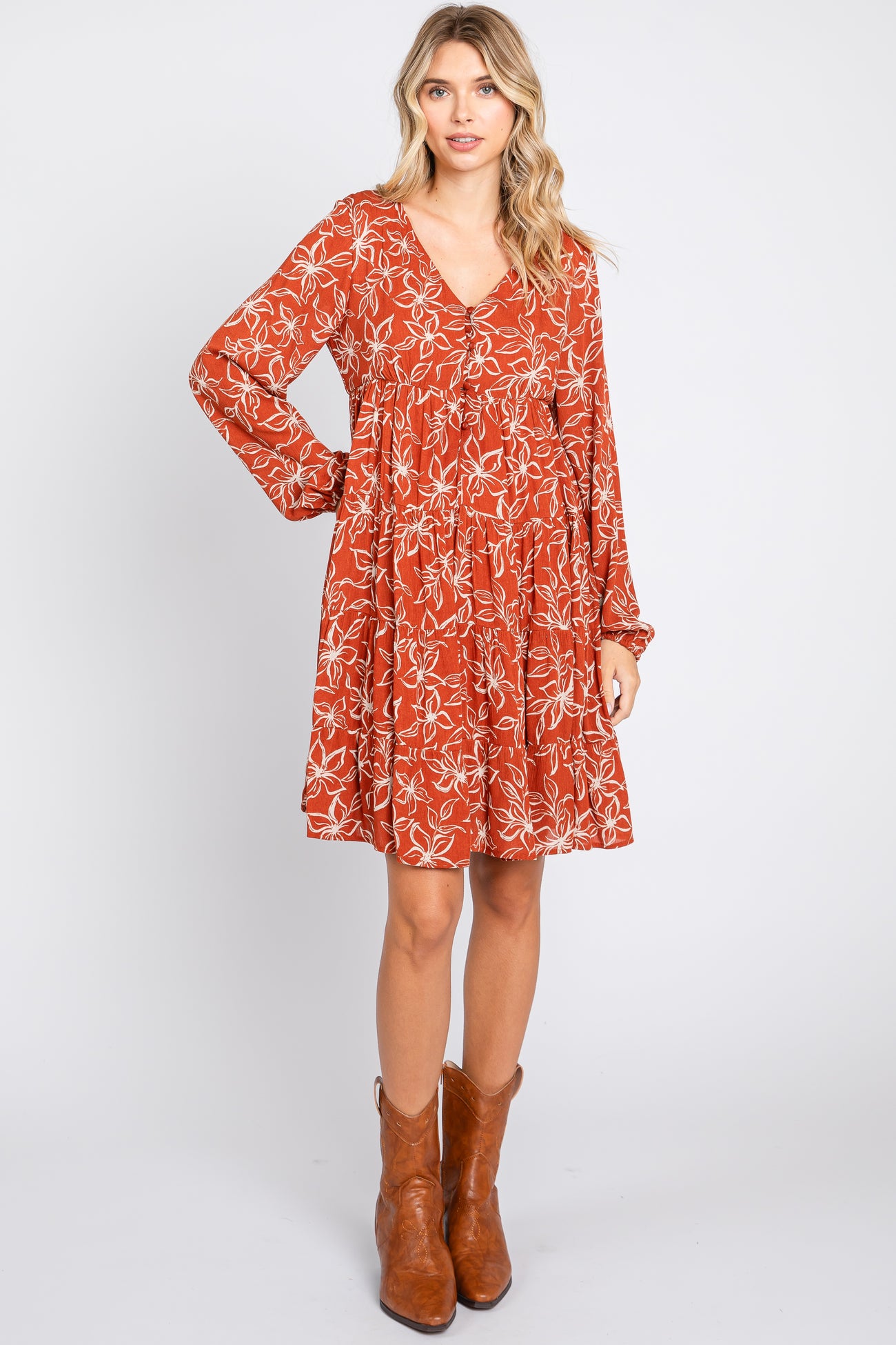Rust Floral Button Front Tiered Dress