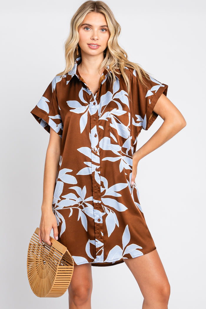 Brown Floral Button Down Mini Dress