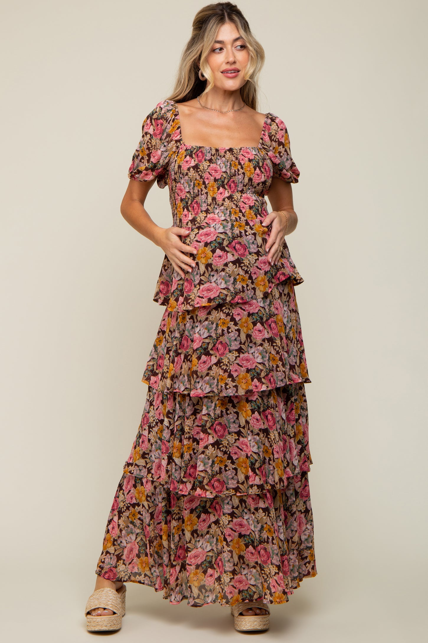 Brown Floral Smocked Square Neck Ruffle Layered Maternity Maxi Dress