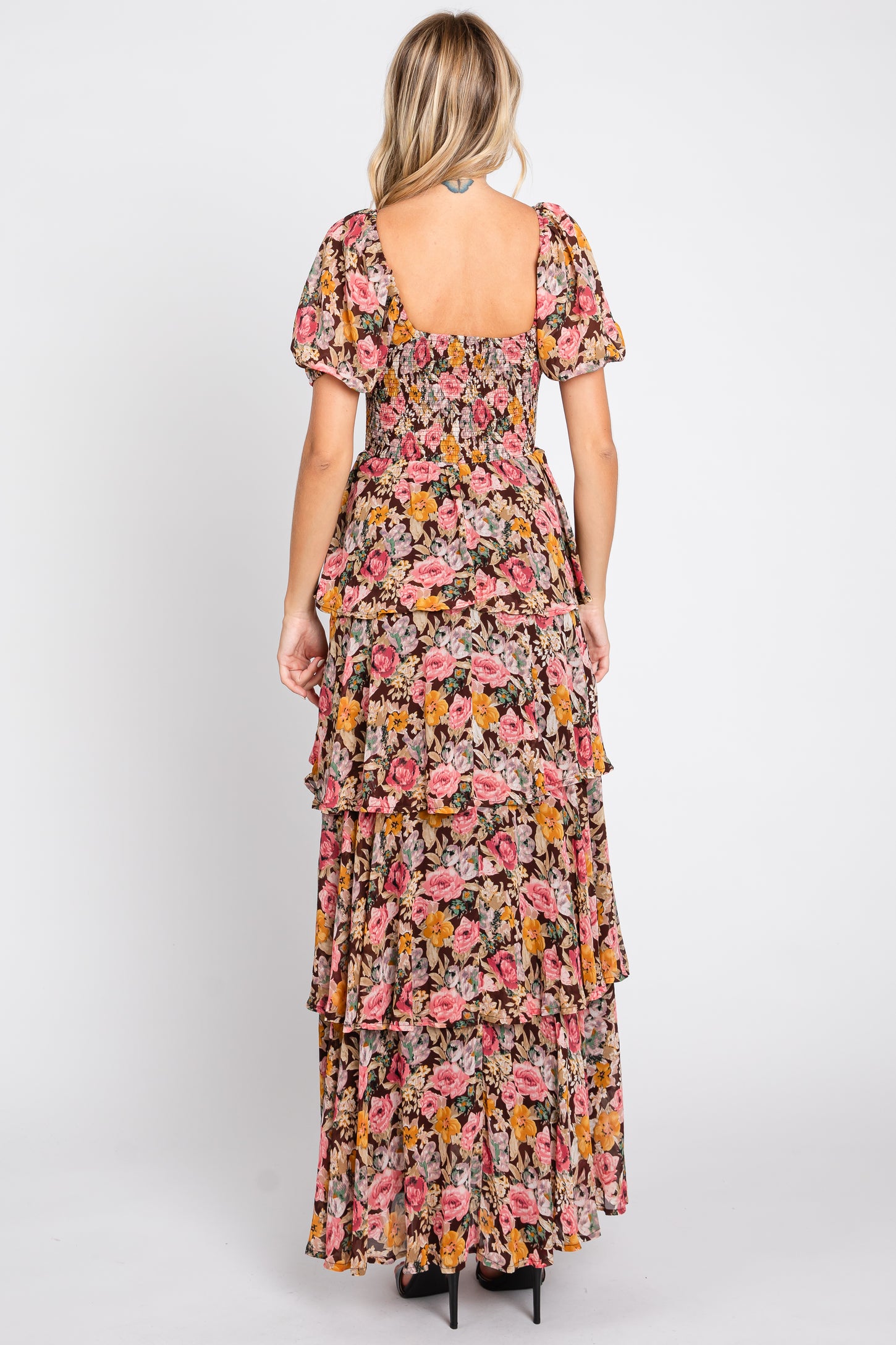 Brown Floral Smocked Square Neck Ruffle Layered Maxi Dress