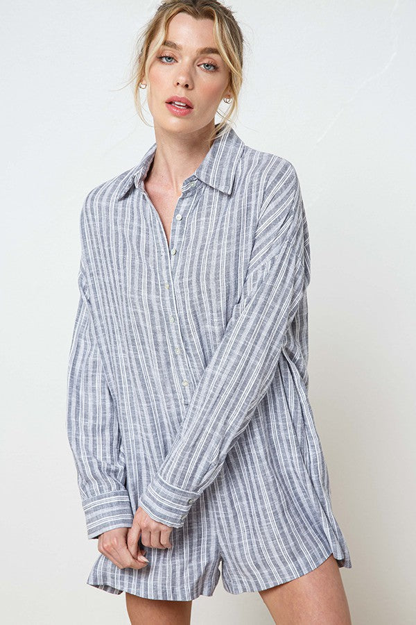 Grey Striped Button Up Linen Maternity Romper