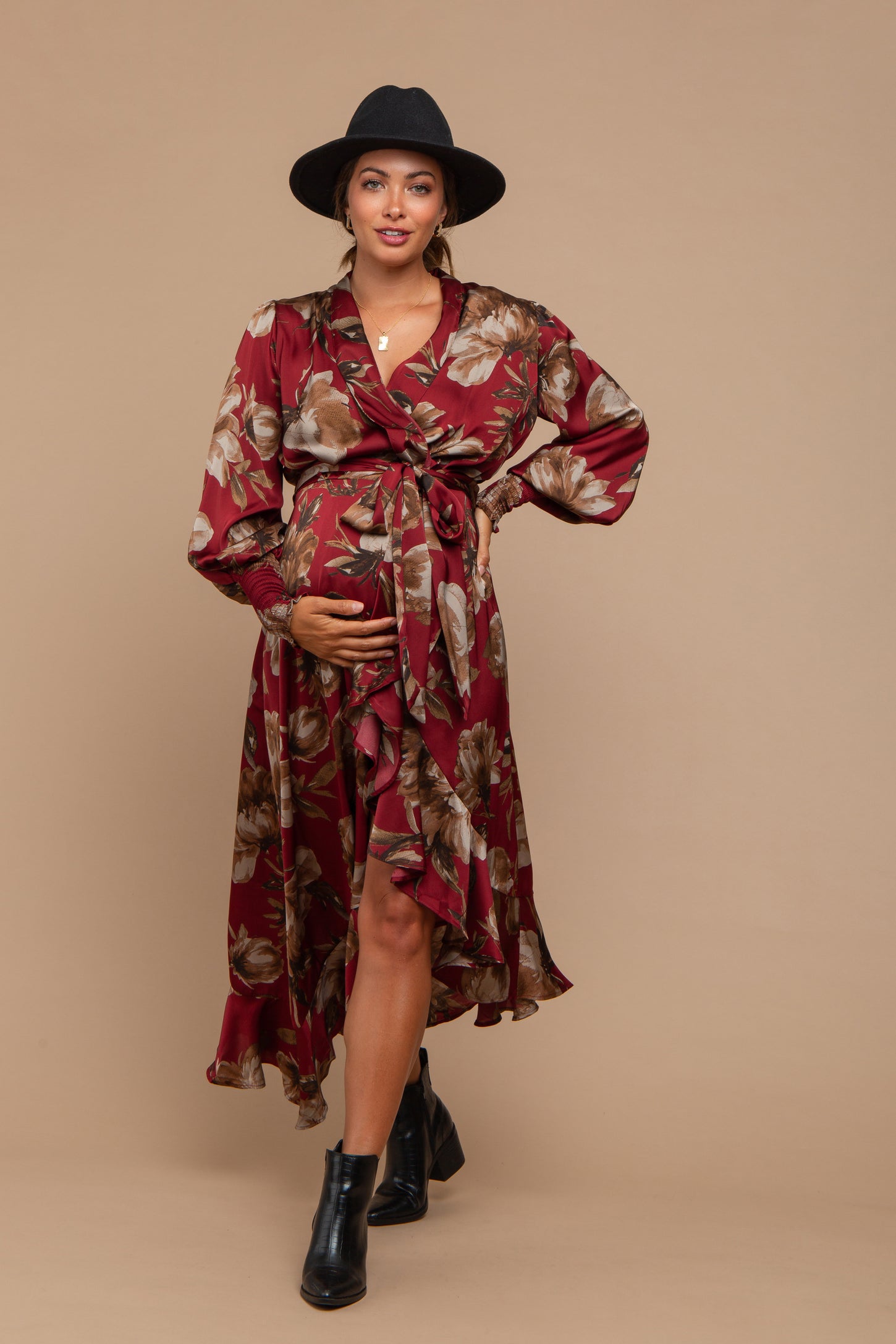 Burgundy Satin Asymmetrical Flounce Trim Maternity Midi Dress