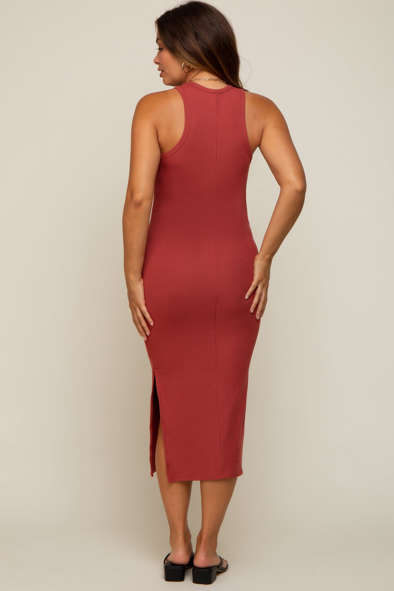 Rust Ribbed Sleeveless Side Slit Maternity Midi Dress