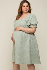 Light Olive Floral Textured Square Neck Babydoll Maternity Plus Dress