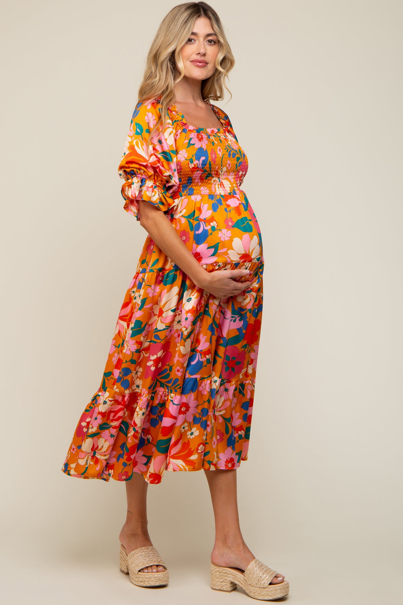 Orange Floral Satin Smocked Short Sleeve Maternity Midi Dress