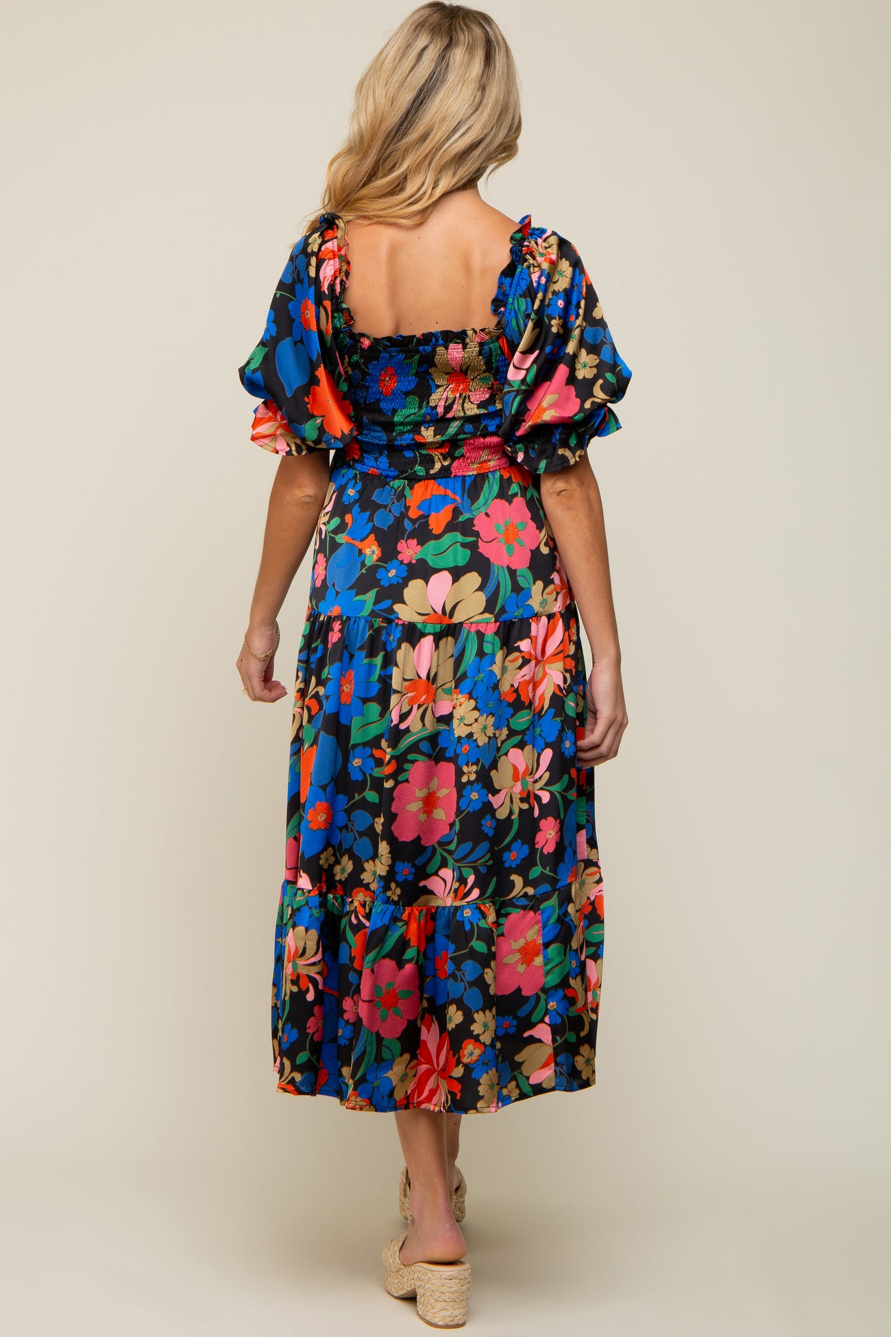 Black Floral Satin Smocked Short Sleeve Maternity Midi Dress