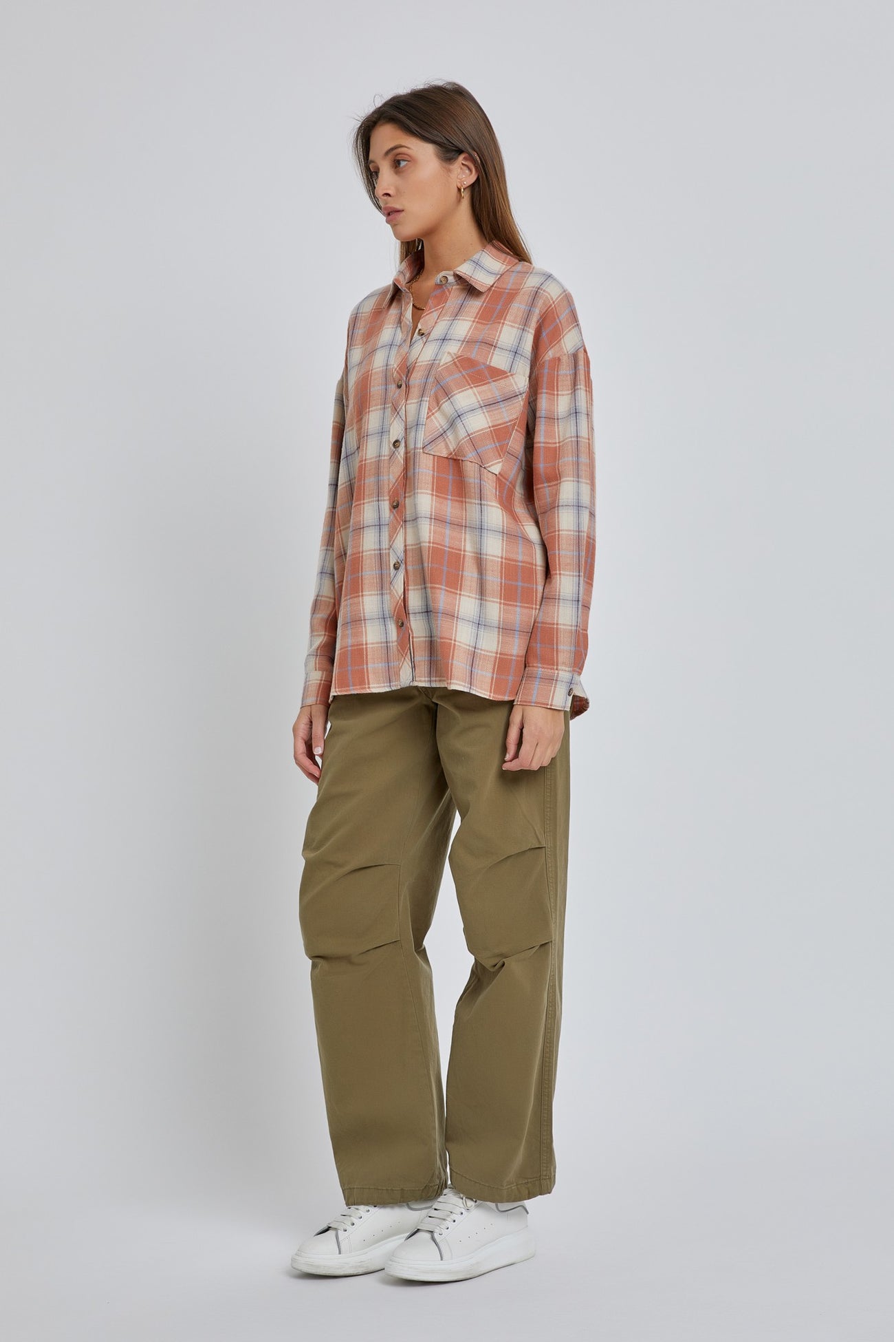 Rust Flannel Plaid Button Up Top