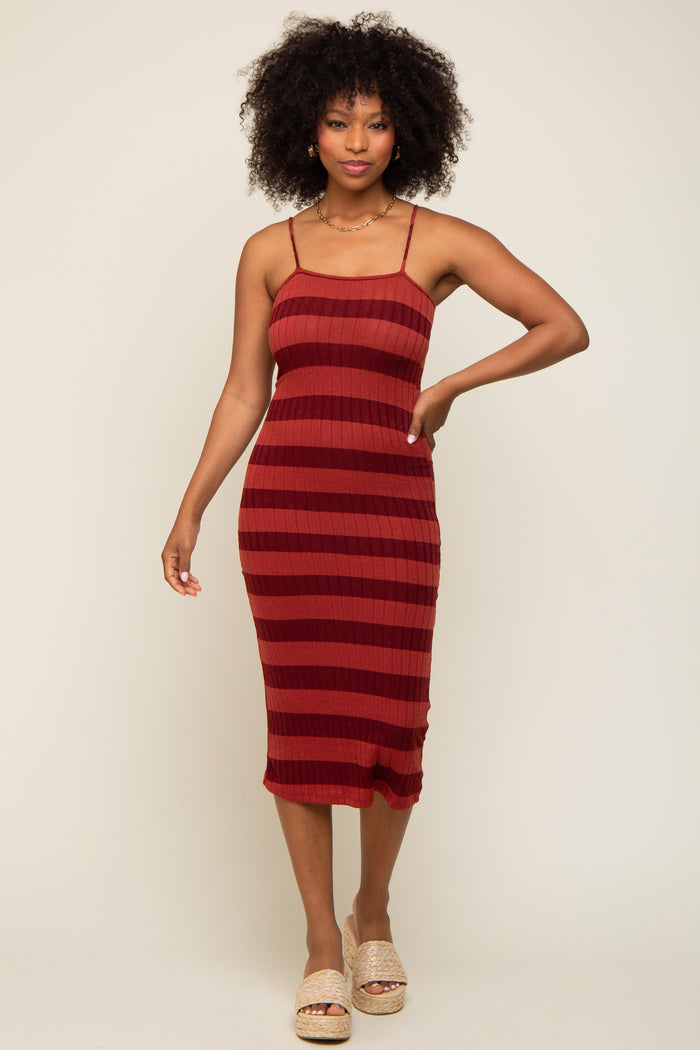 Rust Striped Rib Knit Midi Dress
