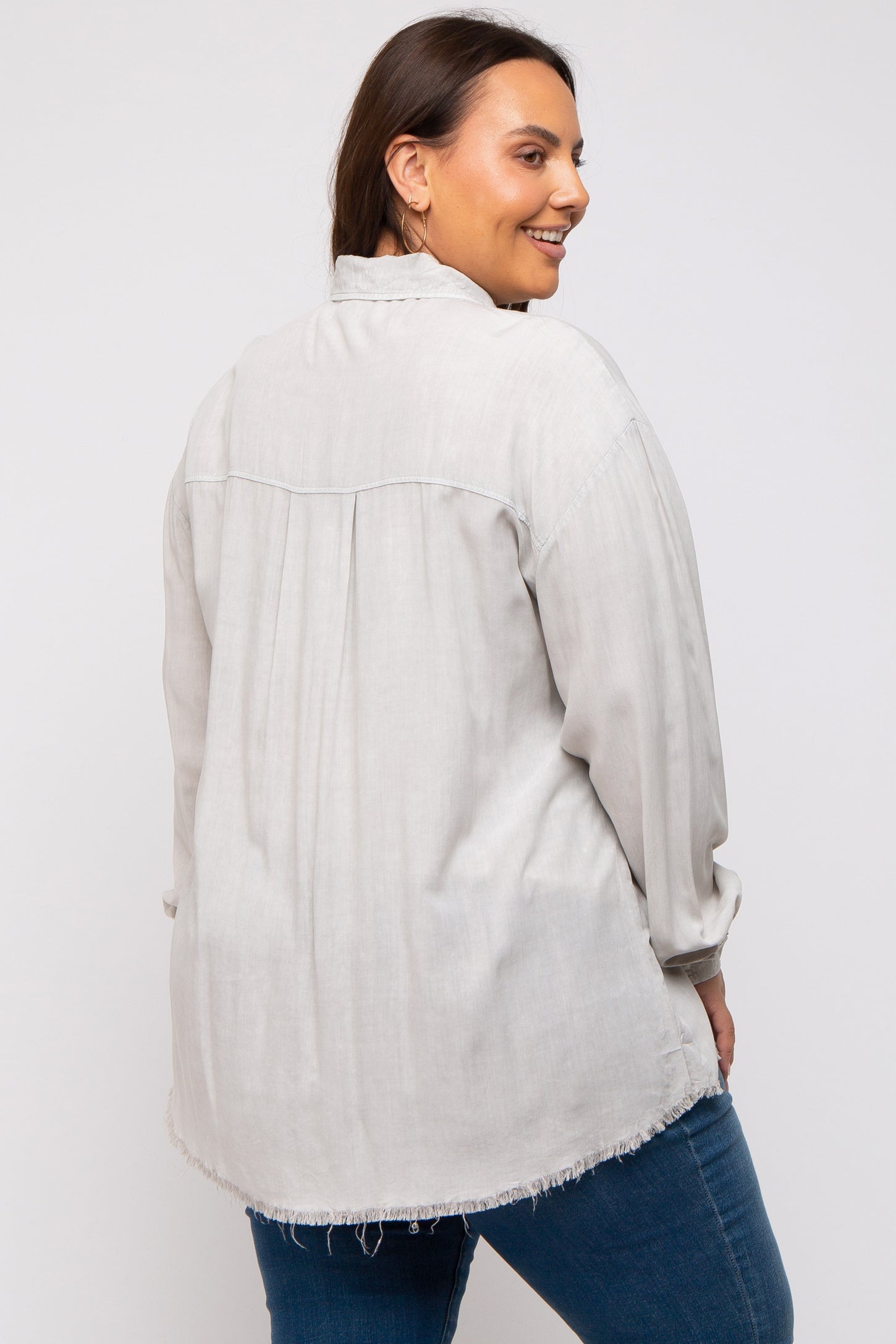 Grey Button Up Fringe Hem Plus Top