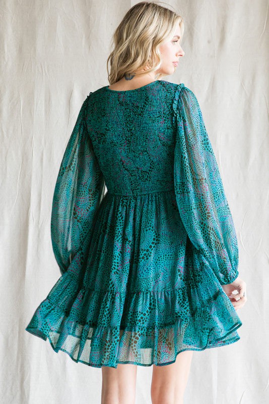 Teal Printed Smocked Long Sleeve Dress
