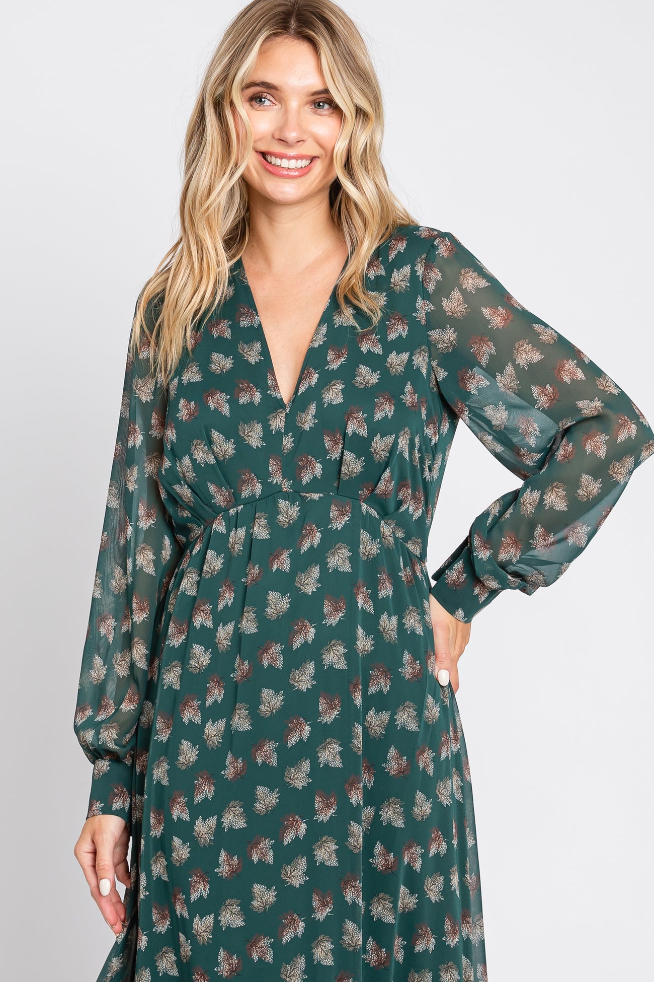 Forest Green Leaf Print Balloon Sleeve Maxi Dress