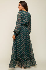 Forest Green Leaf Print Balloon Sleeve Maternity Maxi Dress