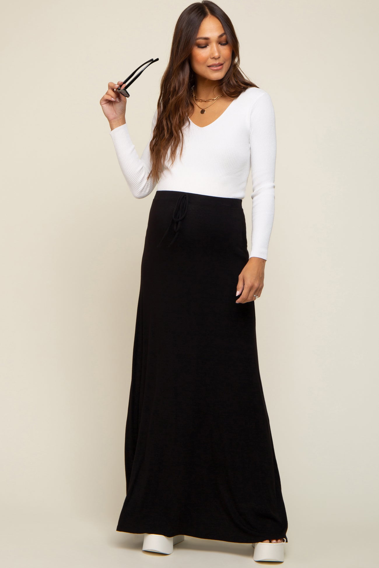 Black Front Tie Accent Maternity Maxi Skirt