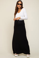 woman wearing white long sleeve v-neck top and black maternity maxi skirt with drawstring waist