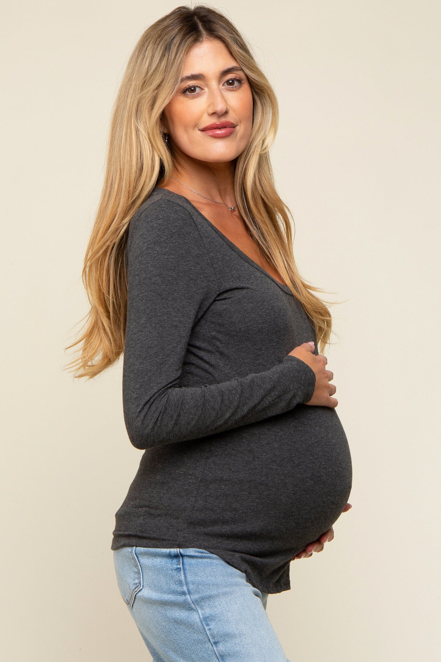 Charcoal Basic Long Sleeve Maternity Top