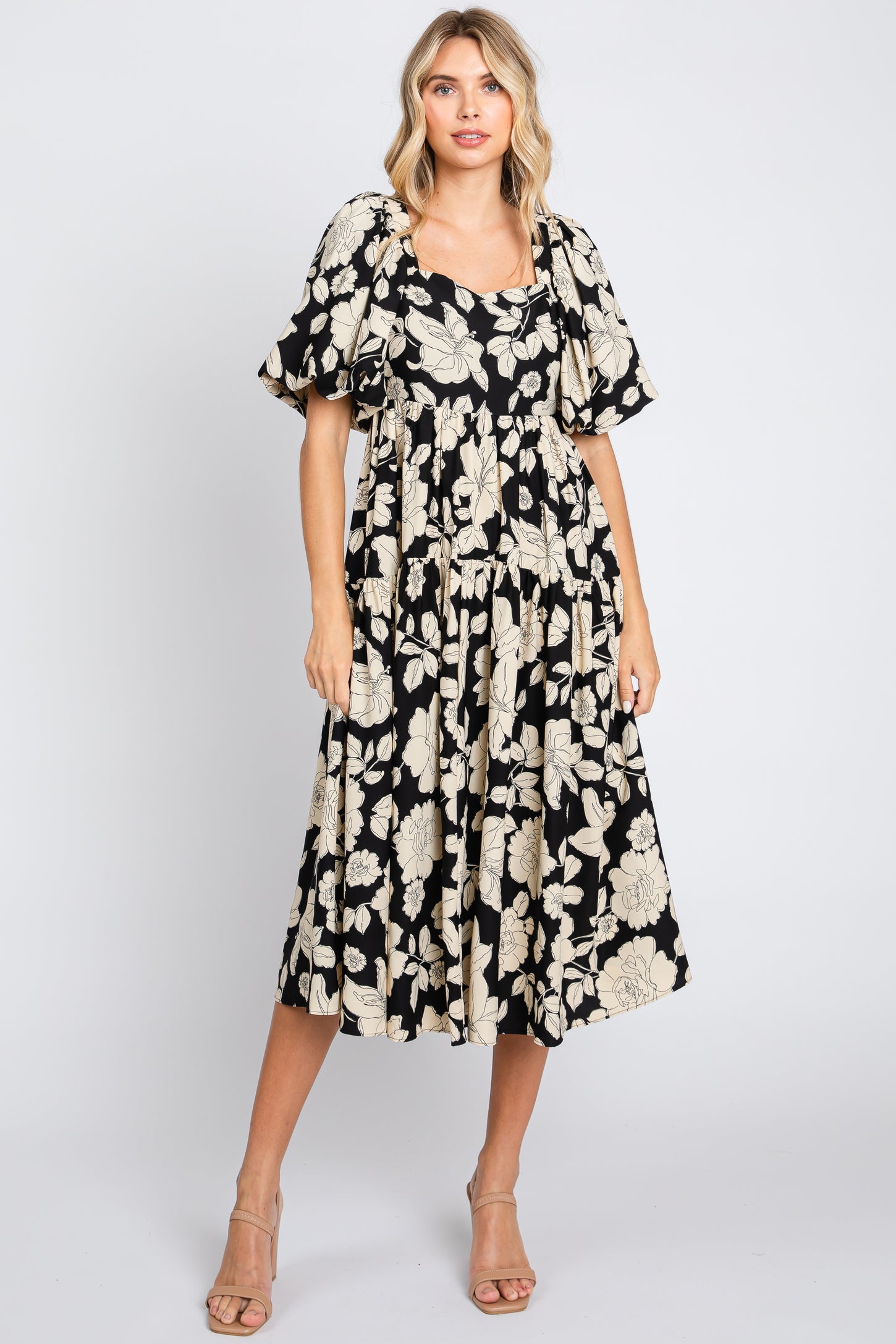 Black Floral Puff Sleeve Tiered Maternity Dress
