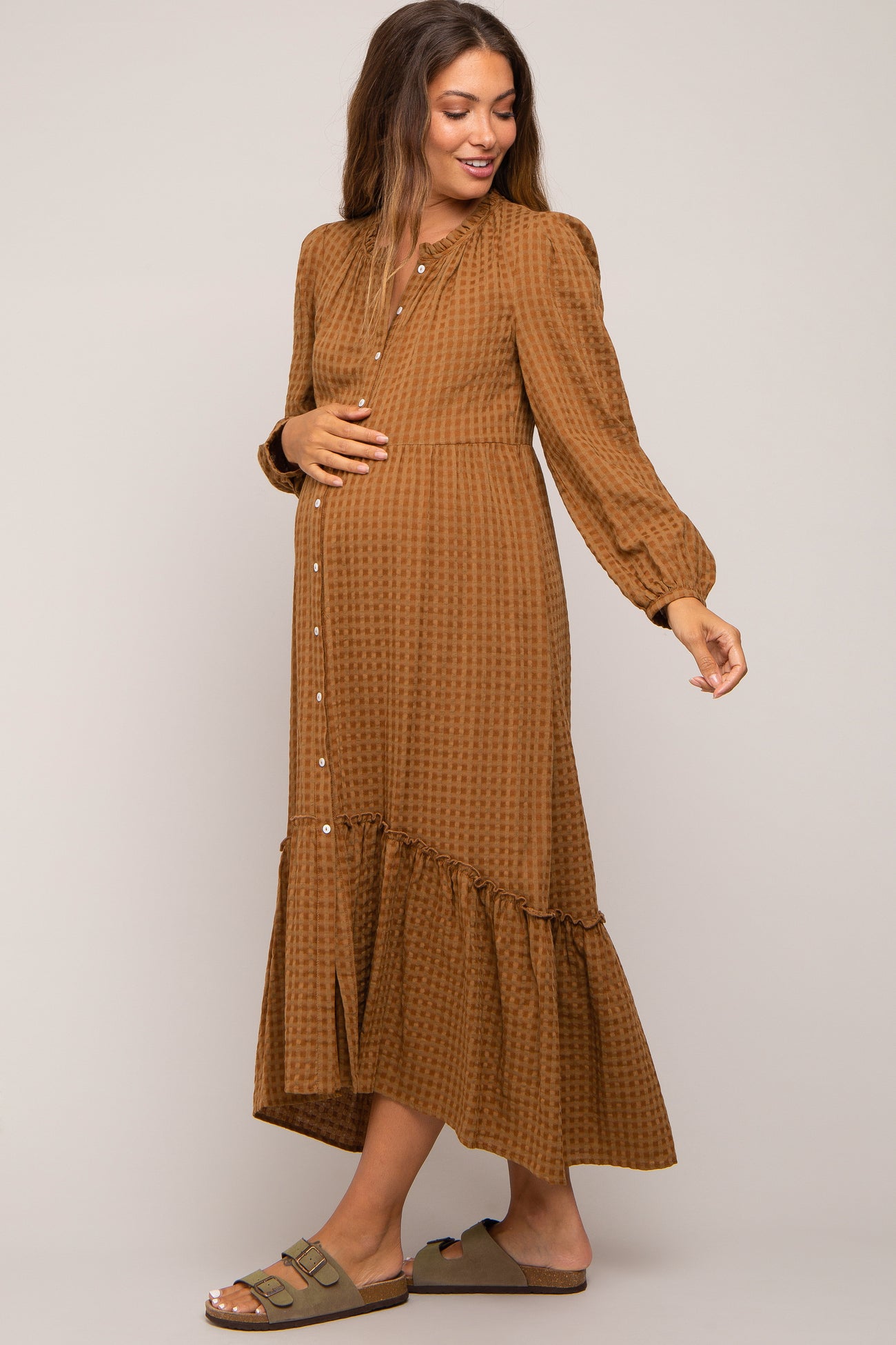 Mocha Gingham Button Maternity Midi Dress