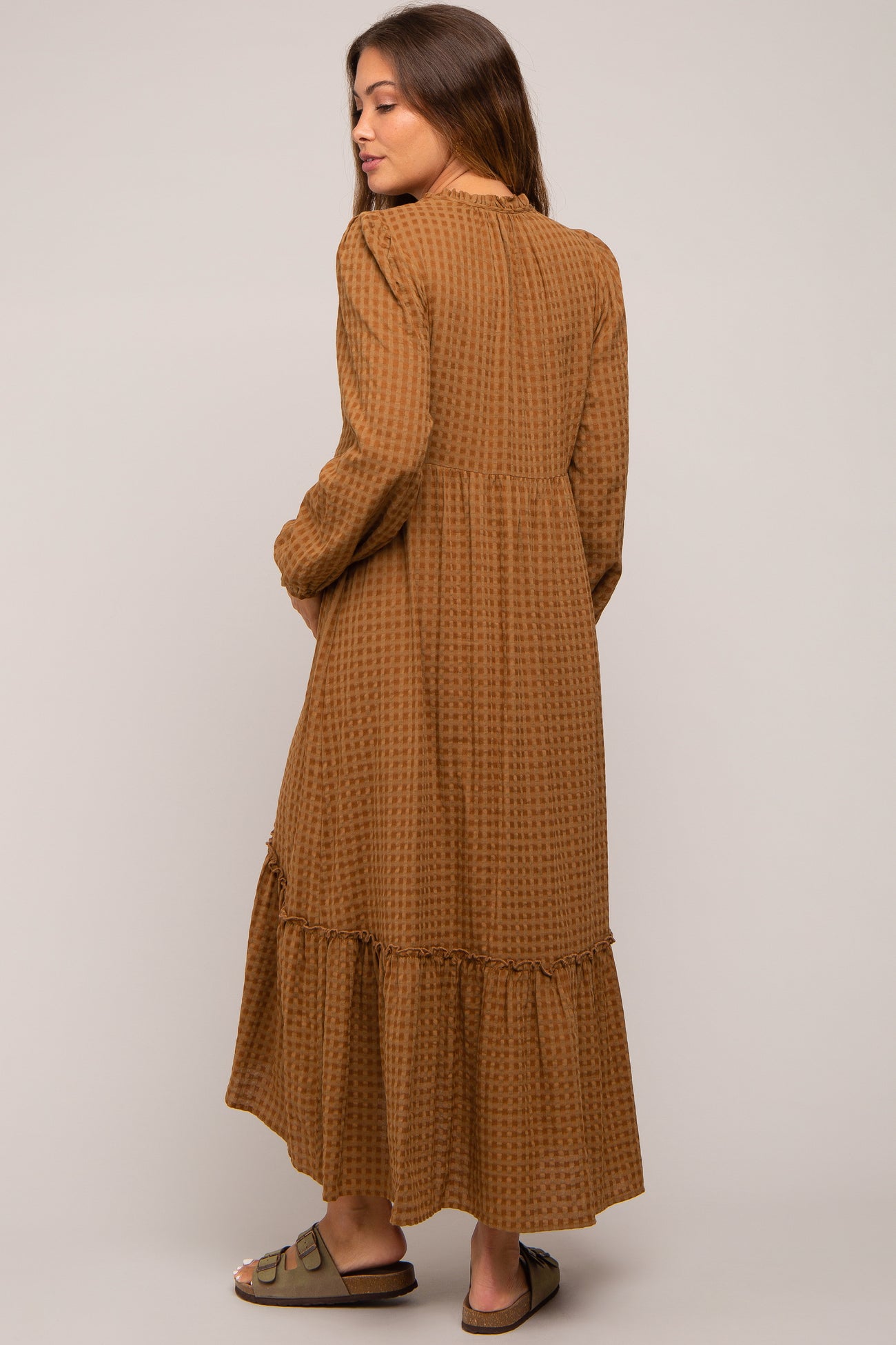 Mocha Gingham Button Maternity Midi Dress