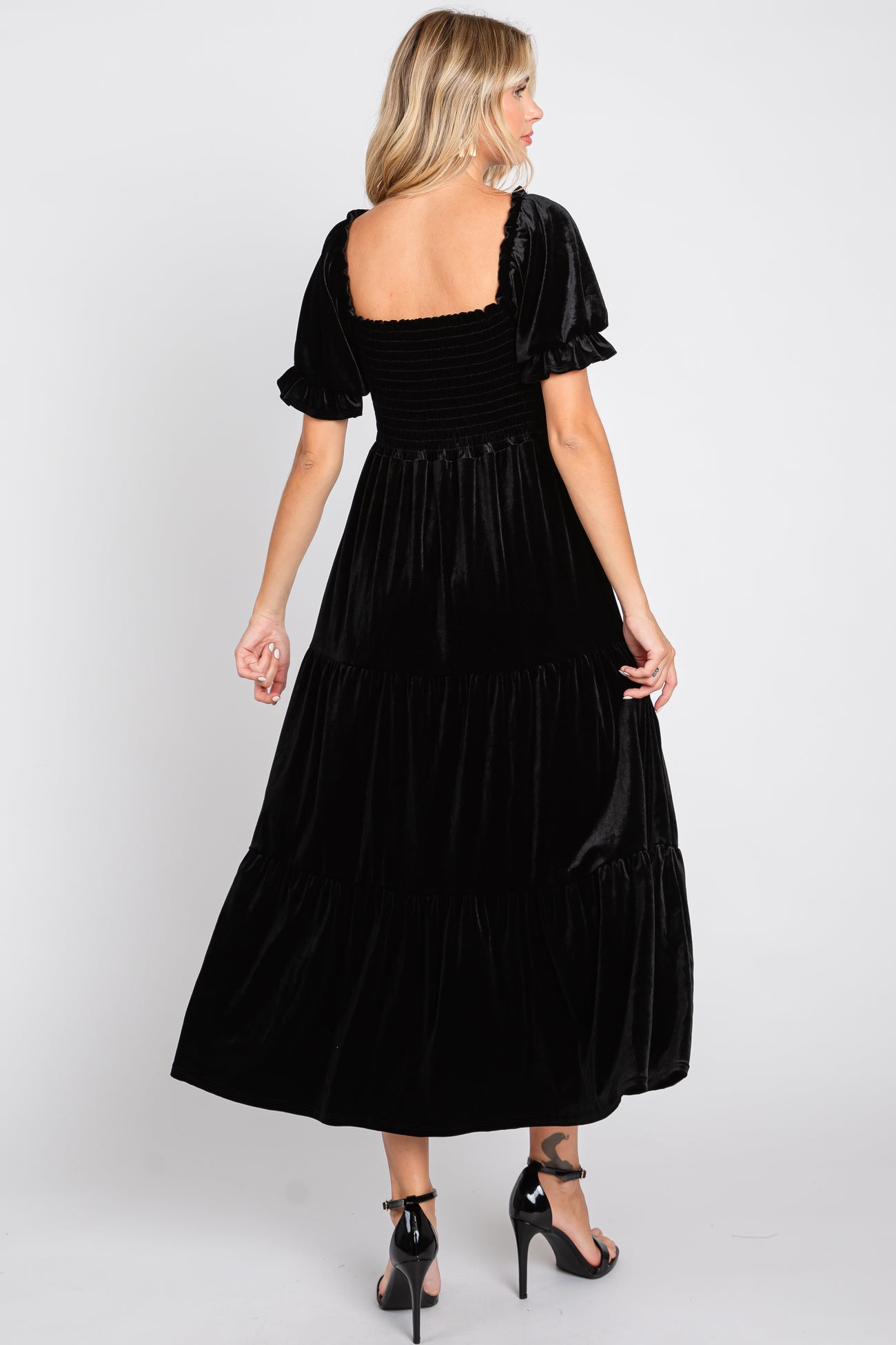 Black Velvet Tiered Midi Dress