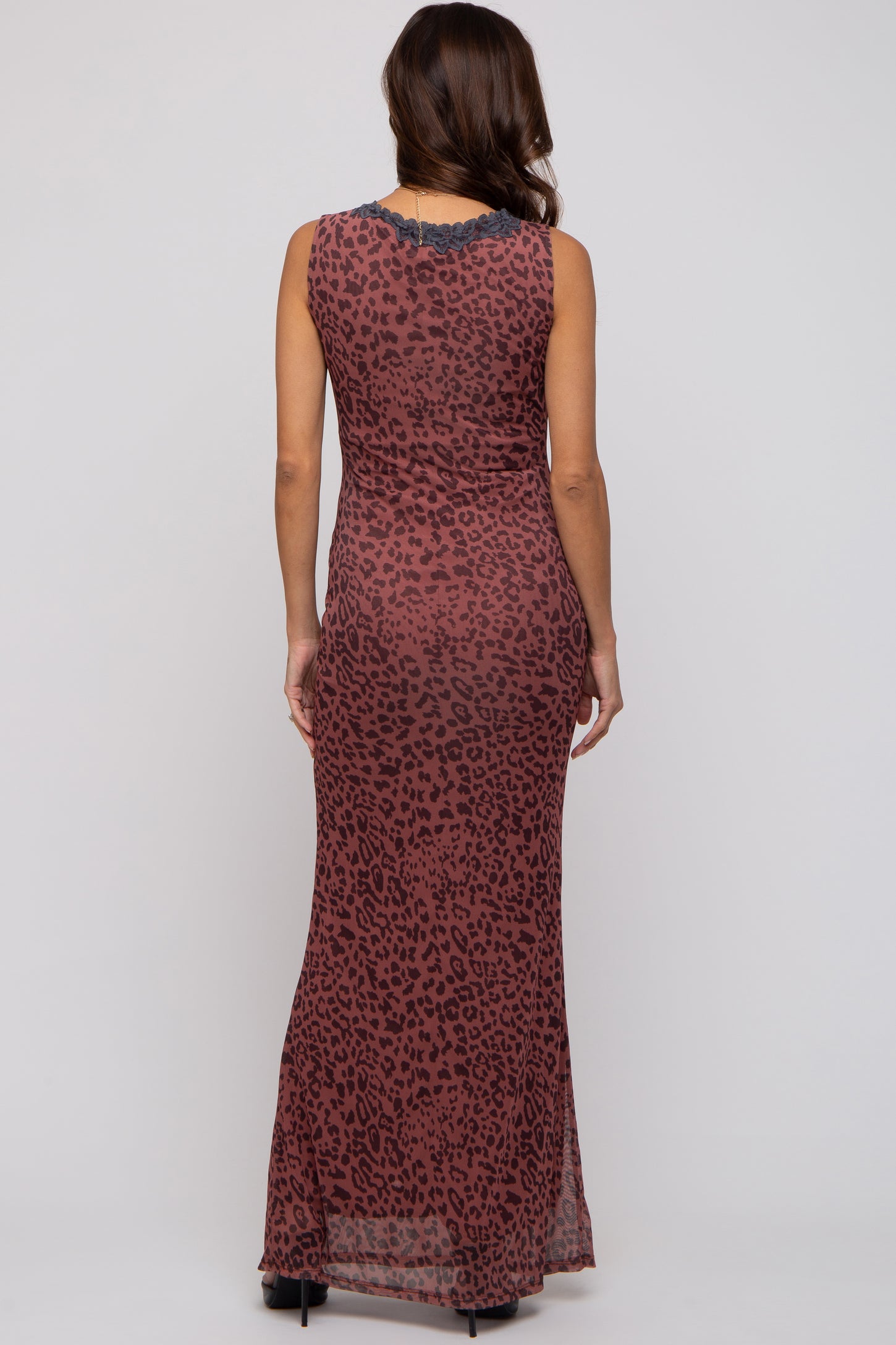 Brown Animal Print Mesh Overlay Maternity Maxi Dress