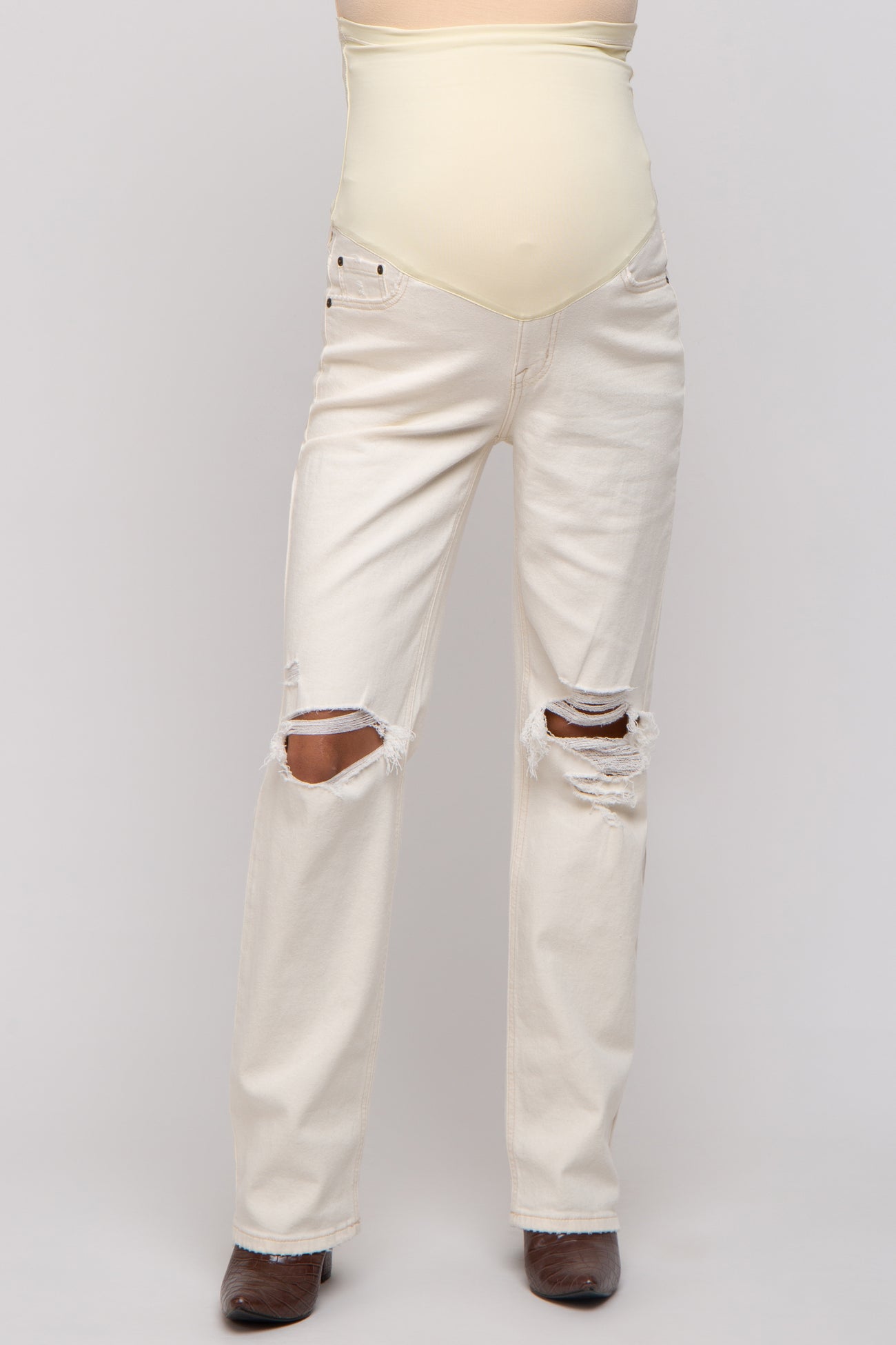 Cream Distressed Knee Maternity Jeans