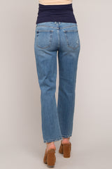Blue Distressed Straight Leg Maternity Jeans