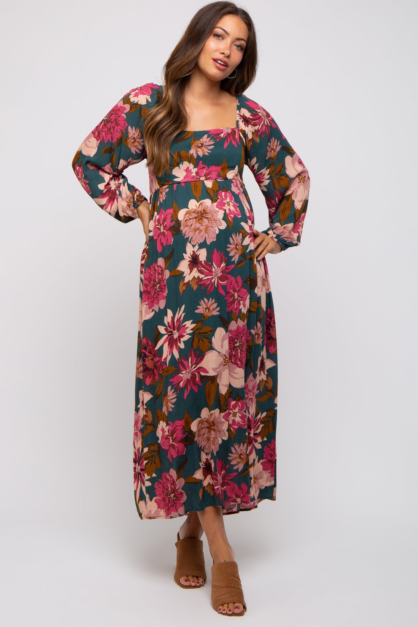 Forest Green Floral Long Sleeve Maternity Midi Dress