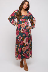 Forest Green Floral Long Sleeve Maternity Midi Dress