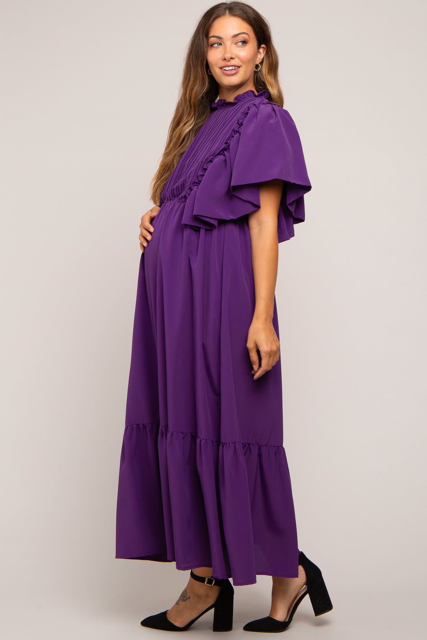 Purple Ruffle Pleated Maternity Maxi Dress