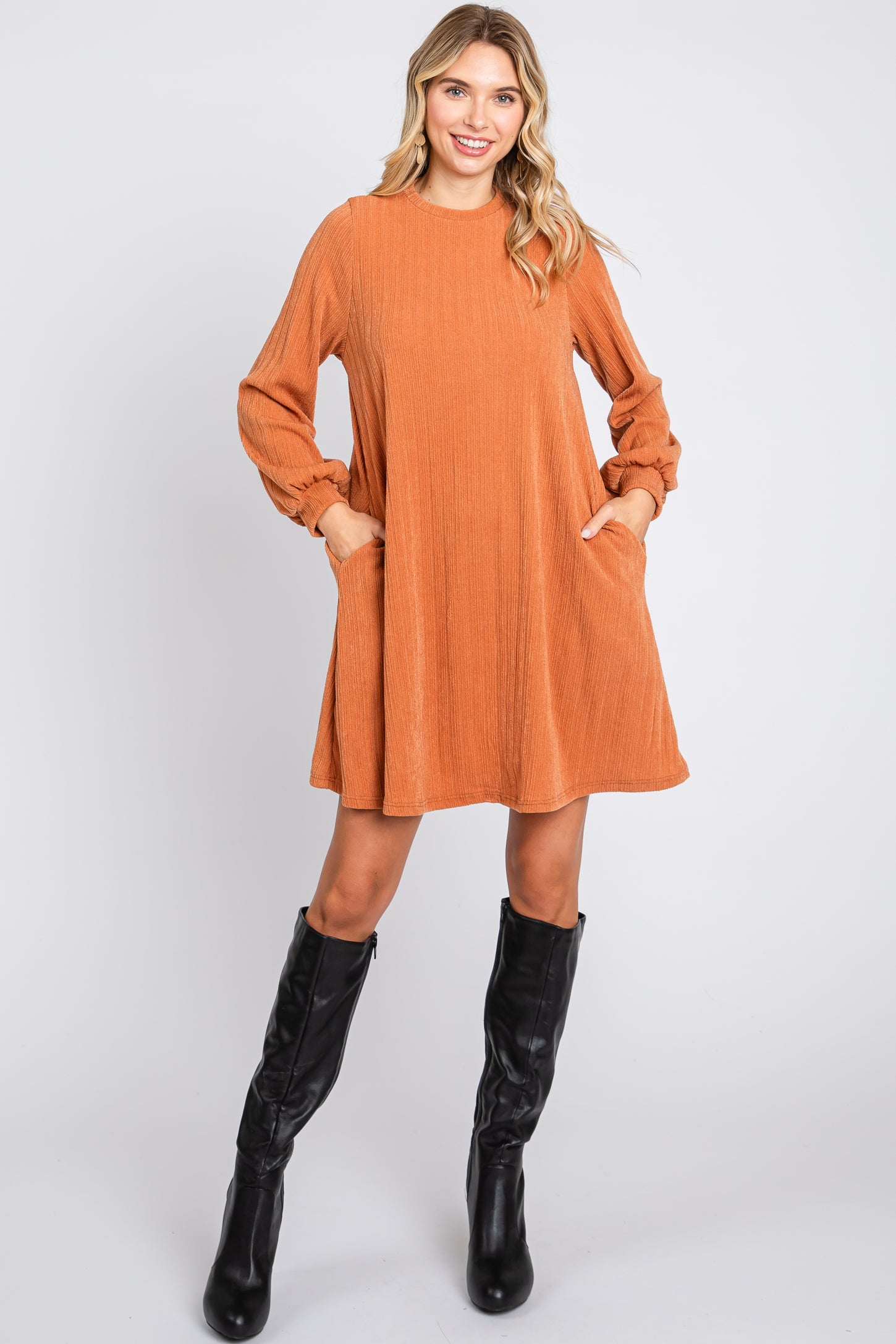 Camel Mock Neck Long Sleeve Maternity Dress
