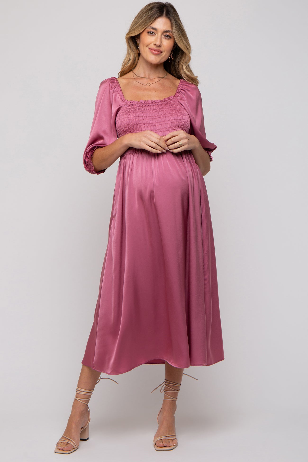 Mauve Satin Smocked Maternity Midi Dress