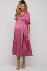 Mauve Satin Smocked Maternity Midi Dress