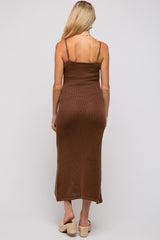 Brown Open Knit Crochet Maternity Midi Dress