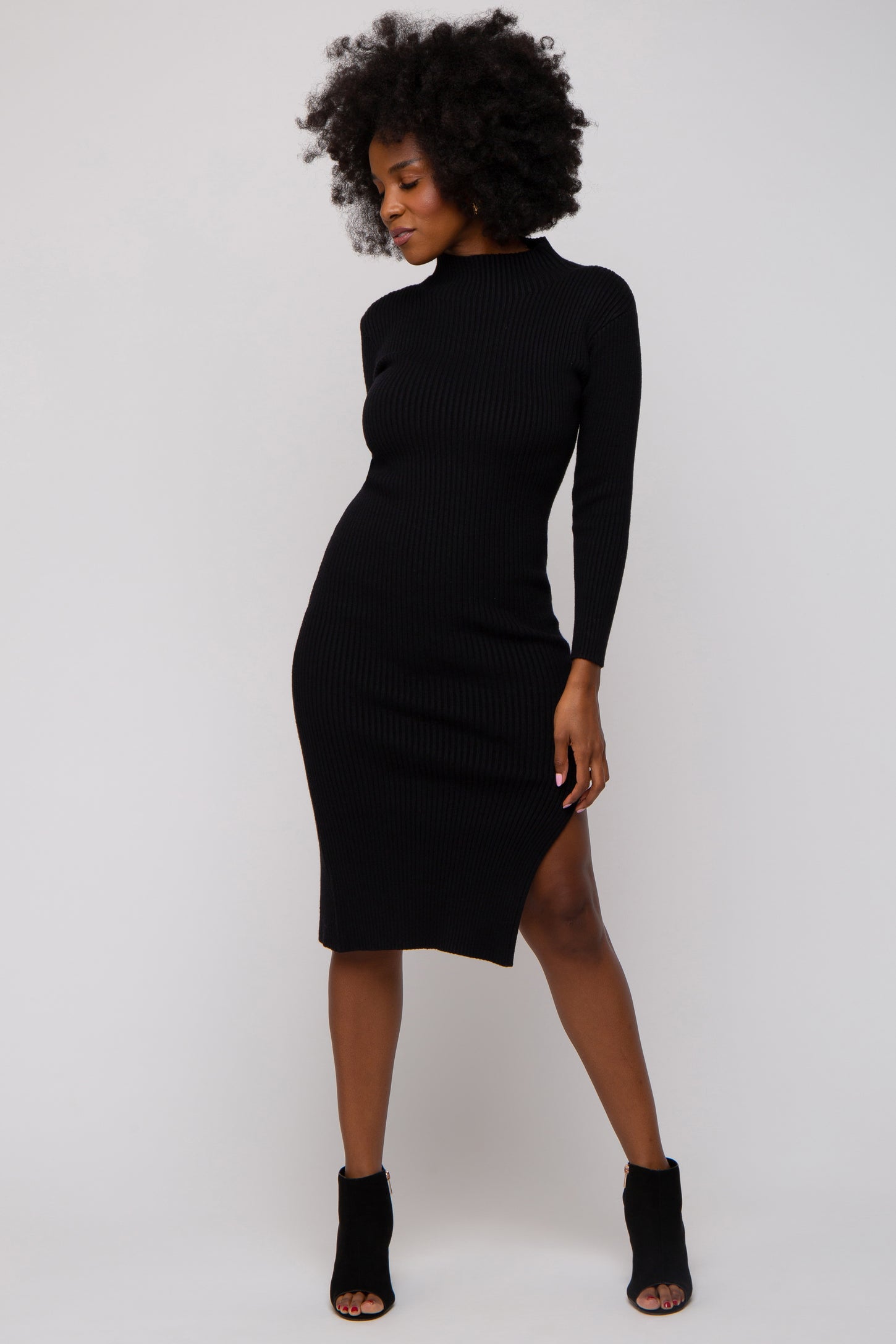 Black Ribbed Mock Neck Side Slit Midi Dress