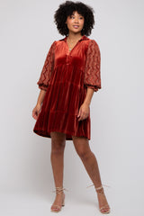 Rust Velvet Lace Sleeve Collared Tiered Dress
