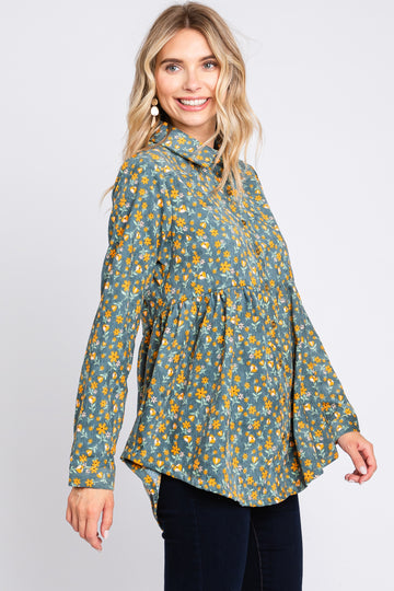 Teal Floral Corduroy Button Up Top