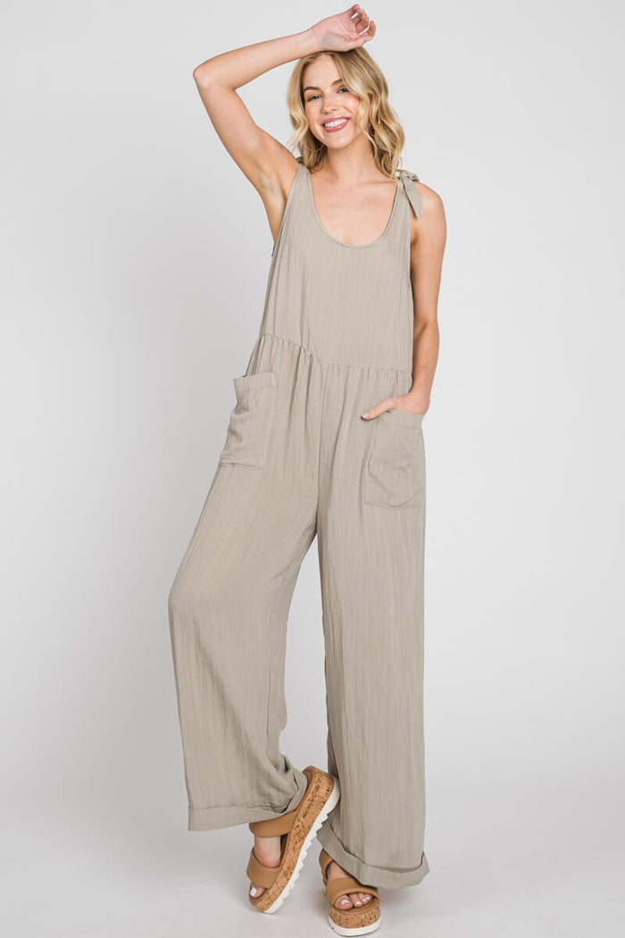 Pale Olive Wide Leg Roll-Up Jumpsuit